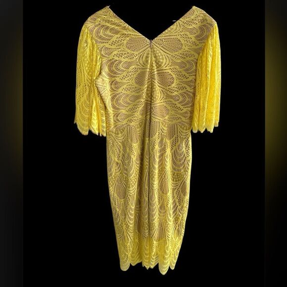 Dress the Population Mia Yellow Lace Midi Dress Puff Sleeve Cocktail Large - Picture 5 of 8